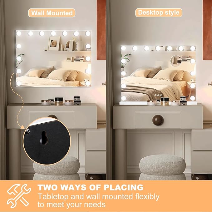 Moonee Vanity Mirror with Lights, Hollywood Lighted Makeup Mirror with 15 Dimmable Bulbs and 10X Magnification, 3 Colors Modes, Light Up Mirror, Gifts for Women, Girls,Dorm Room Essentials（23" x 18"）