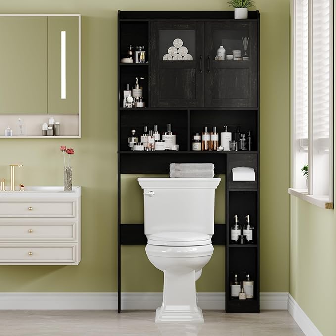 Farmhouse Style Over Toilet Storage Cabinet, 67" Tall Bathroom Organizer Unit with Sliding Barn Doors & Open Shelving for Bathroom, Neutral Wood Grain Finish