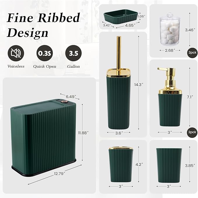 XLHOMO 9-Piece Dark Green Bathroom Accessories Set - Slim Pop-up Trash Can with Lid, Toilet Brush, Soap Dispenser & Apothecary Jars - Luxury Emerald Decor for Small Spaces