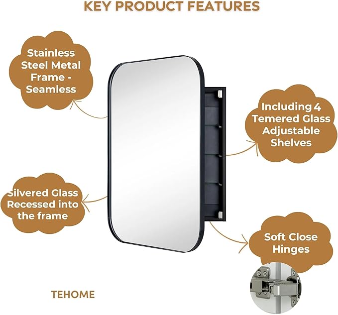 TEHOME Black Rectangle Bathroom Medicine Cabinet with Mirror Matt Black Recessed and Surface Mount Stainless Steel Metal Framed Rounded Rectangular Bathroom Cabinet with Mirror 22x30''