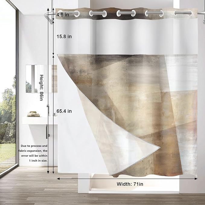 Shrahala Brown Abstract Art No Hooks Shower Curtain with Snap in Liner Set, Beige Painting Bathroom Décor Polyester Fiber Waterproof for Stall Bathtubs 71 X 86 in