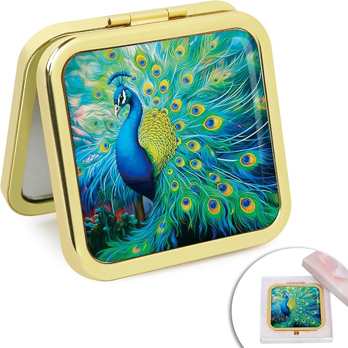 Magnifying Compact Peacock Cosmetic Mirror 2.8 Inch Square Handheld Travel Pocket Makeup Mirror Gold