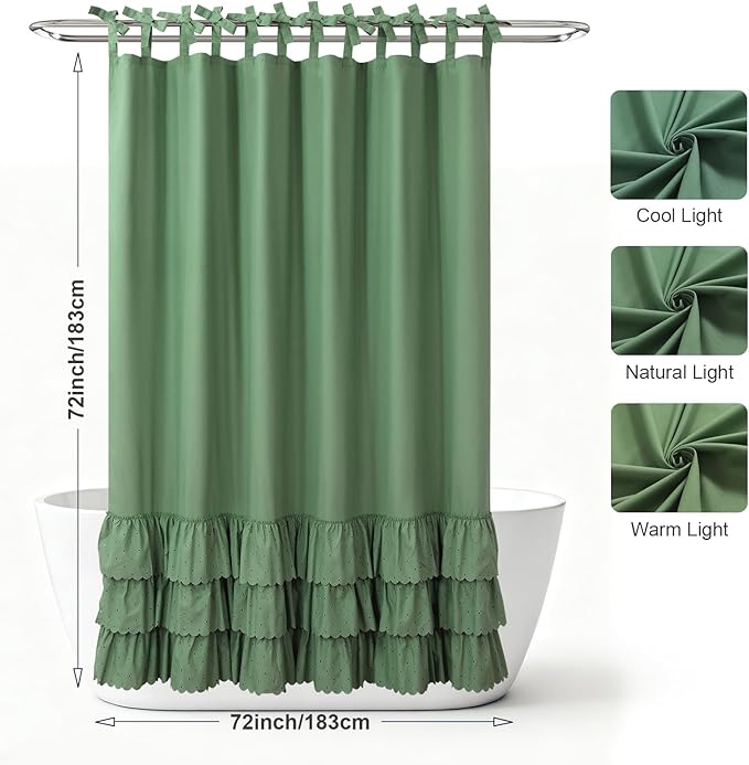 Adjustable Bow-Tie Top Green Ruffle Shower Curtain for Girls Women, Delicate Fabric Shower Curtain with Handcrafted Ruffles and Small Holes, Waterproof Ruched Farmhouse Bathroom Curtain, 72"W x 72"H