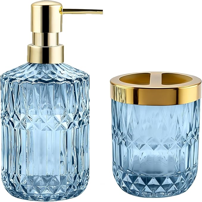 2Pcs Blue Bathroom Accessories Set, Glass Bathroom Accessories, Vintage Bathroom Countertop Decoration Includes Soap Dispenser, Toothbrush Holder