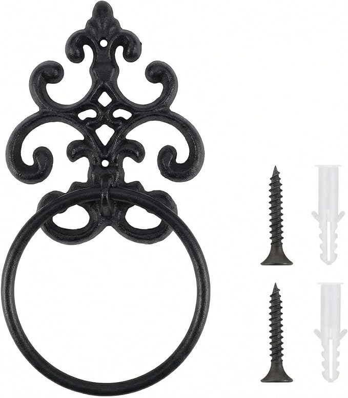 1 Pc Black Vintage Cast Iron Solid Towel Ring Fleur De Lis Design Antique Towel Holder for Bathroom Kitchen Accessories Wall Mounted Christmas Party Gifts