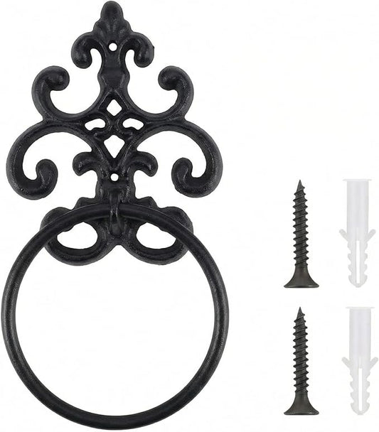 1 Pc Black Vintage Cast Iron Solid Towel Ring Fleur De Lis Design Antique Towel Holder for Bathroom Kitchen Accessories Wall Mounted Christmas Party Gifts