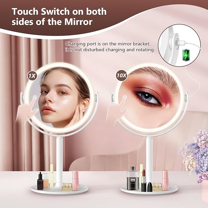 1X/10X Magnifying mirror with light，Magnifying Mirror with 3 Colors Lights,makeup mirror with lights,mirror for desk，Rechargeable double sided lighted makeup mirror,Brightness Adjustable 8.6"Large