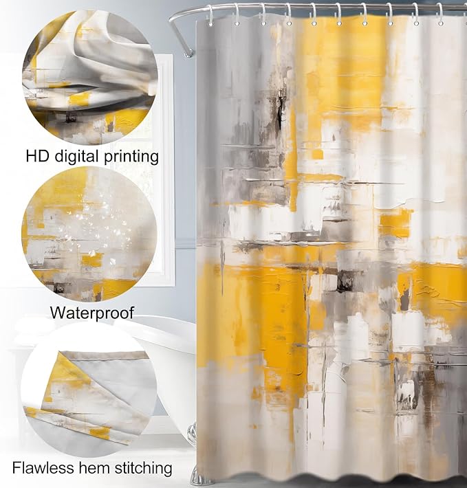 Lnond 4Pcs Bathroom Shower Curtain Sets with Rugs,Yellow Grey Ombre Bathroom Sets with Shower Curtain and Rugs and Accessories