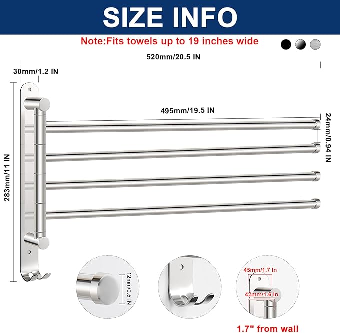 NearMoon Swivel Towel Rack, 19.5" Thicken 304 Stainless Steel 4-Arm Towel Bar, Space Saving Wall Mounted Towel Holder with Hook, Rustproof Swing Out Towel Hanger for Bathroom, Kitchen (Chrome Finish)