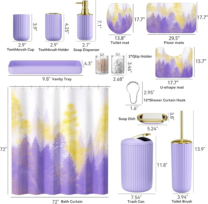 Purple and Gold Bathroom Accessories, Bathroom Sets with Shower Curtain and Rugs, Bath Rugs Accessory Set with Bathroom Trash Can, Soap Dispenser, Soap Dish for Home Decor