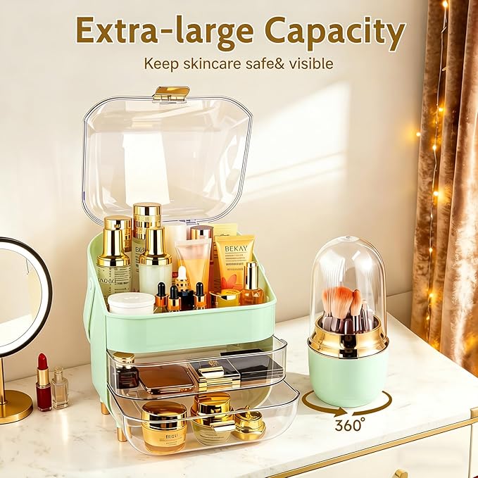 Makeup Organizer with Drawers,Cosmetic Display Case for Vanity,Skincare Organizer with 360 Rotating Brush Holder,Large Storage Box Dresser for Women Gifts, Bathroom Countertop,Green