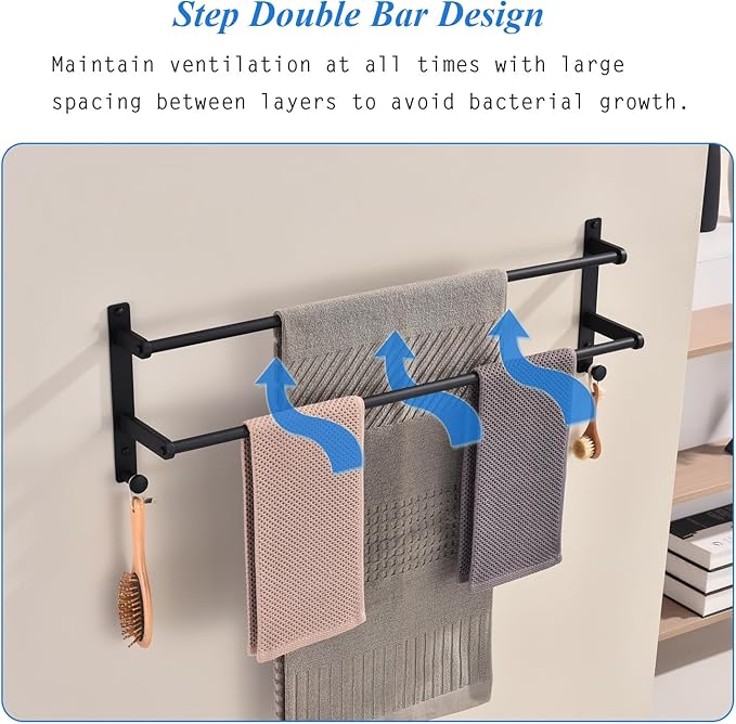 Matte Black Double Towel Rack with Hooks for Bathroom, 30 Inch Stainless Steel Long Towel Bar - Wall Mounted Towel Rails Holder