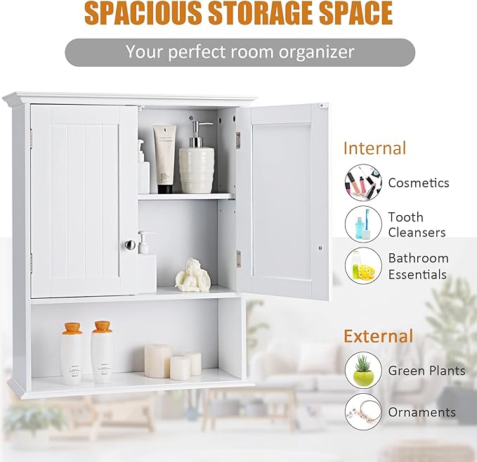 COSTWAY Wall Mounted Bathroom Cabinet, Over The Toilet Storage Cabinet w/Double Doors & Adjustable Shelf, Wood Hanging Medicine Cabinet for Living Room, Entryway, Kitchen (White)