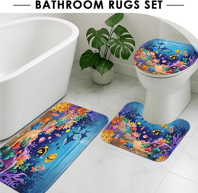 Britimes 4 Piece Shower Curtain Sets, Blue Ocean Fish with Non-Slip Rugs, Toilet Lid Cover and Bath Mat, for Bathroom Decor Set, 72" x 72"