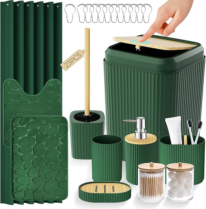 Green Bathroom Accessories Set - Bathroom Set with Shower Curtain and Rugs, Trash Can, Toilet Brush with Holder, Soap Dispenser, Toothbrush and Toothpaste Holder, Cup, Soap Dish, Qtip Holders, Hooks