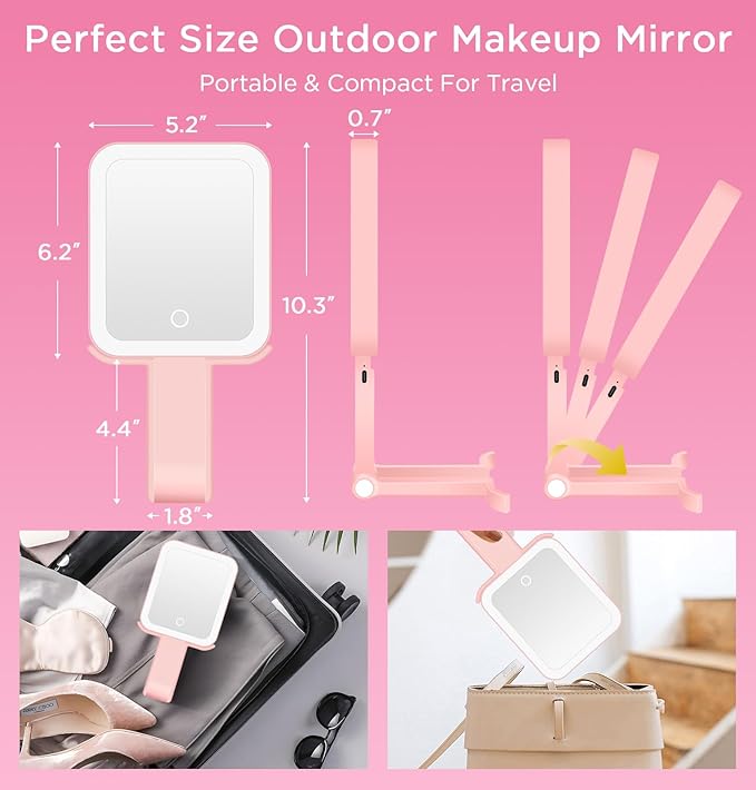 EAONE Travel Makeup Mirror with Lights, Double Sided Magnifying Vanity Mirror 10X/1X with 3 Color Lighting & Dimmable Touch Screen, Compact Handheld Cosmetic Mirror for Bathroom, Women Gifts (Pink)