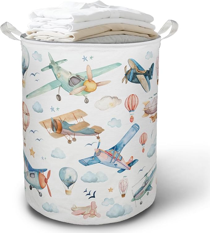 Baby Airplanes Laundry Basket Hamper, Space Kids Nursery Decor, Hot Air Balloon Foldable Clothes Toys Books Storage Box Bins Baskets Organizer for Kids Boys Bedroom Playroom Bathroom