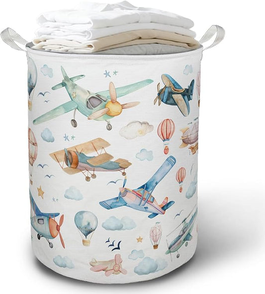 Baby Airplanes Laundry Basket Hamper, Space Kids Nursery Decor, Hot Air Balloon Foldable Clothes Toys Books Storage Box Bins Baskets Organizer for Kids Boys Bedroom Playroom Bathroom