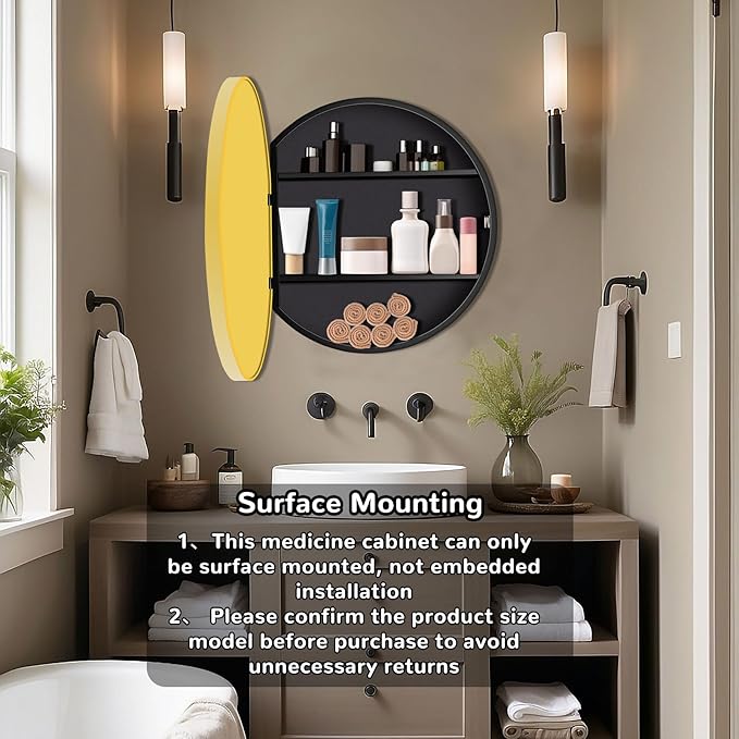 26 Inch Round Medicine Cabinet with Mirror, Gold Bathroom Medicine Cabinet for Wall Metal Framed, Surface Mount Only Circular Storage Cabinet with Vanity Mirror