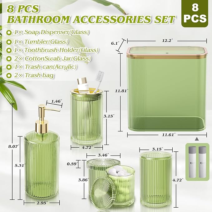 Green Bathroom Accessories Set 8 Pcs, Trash Can with Bags, Glass Bathroom Set Include Soap Dispenser, Toothbrush Holder, Tumbler, Qtip Holder Set, Vintage Bathroom Sink Set, Cute Bathroom Decor