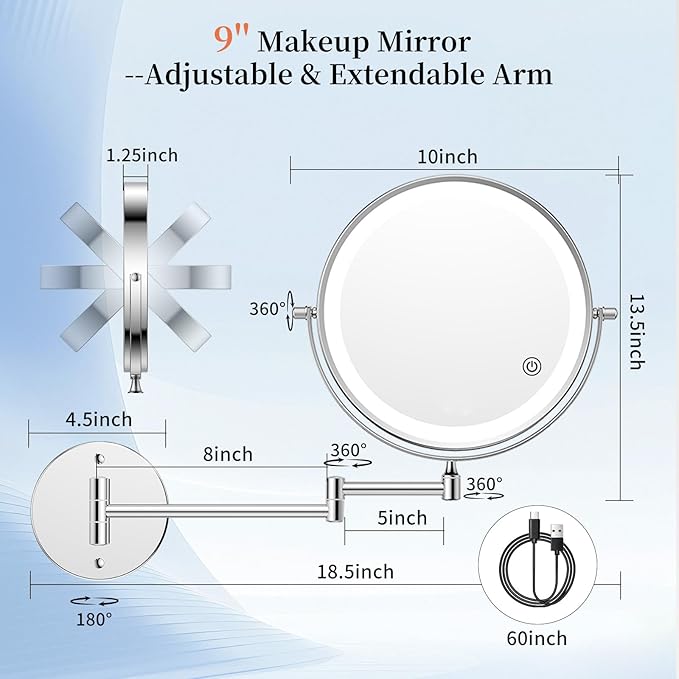 FUNTOUCH 5000mAh Rechargeable Wall Mounted Makeup Mirror with Lights, 9" Double Sided 1X/30X Magnifying Mirror with Dimmable 3 Color Light, Extended Swing Arm 360° Wall Mount Bathroom Mirror,Chrome