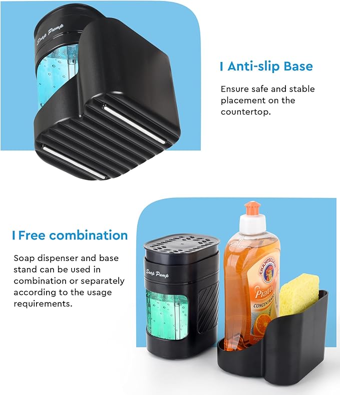 Kitchen Dish Soap Dispenser with Sponge Holder, 3-in-1 Countertop Dishwashing Soap Pump Dispenser Set for Kitchen Sink, Useful Kitchen Gadgets - Black