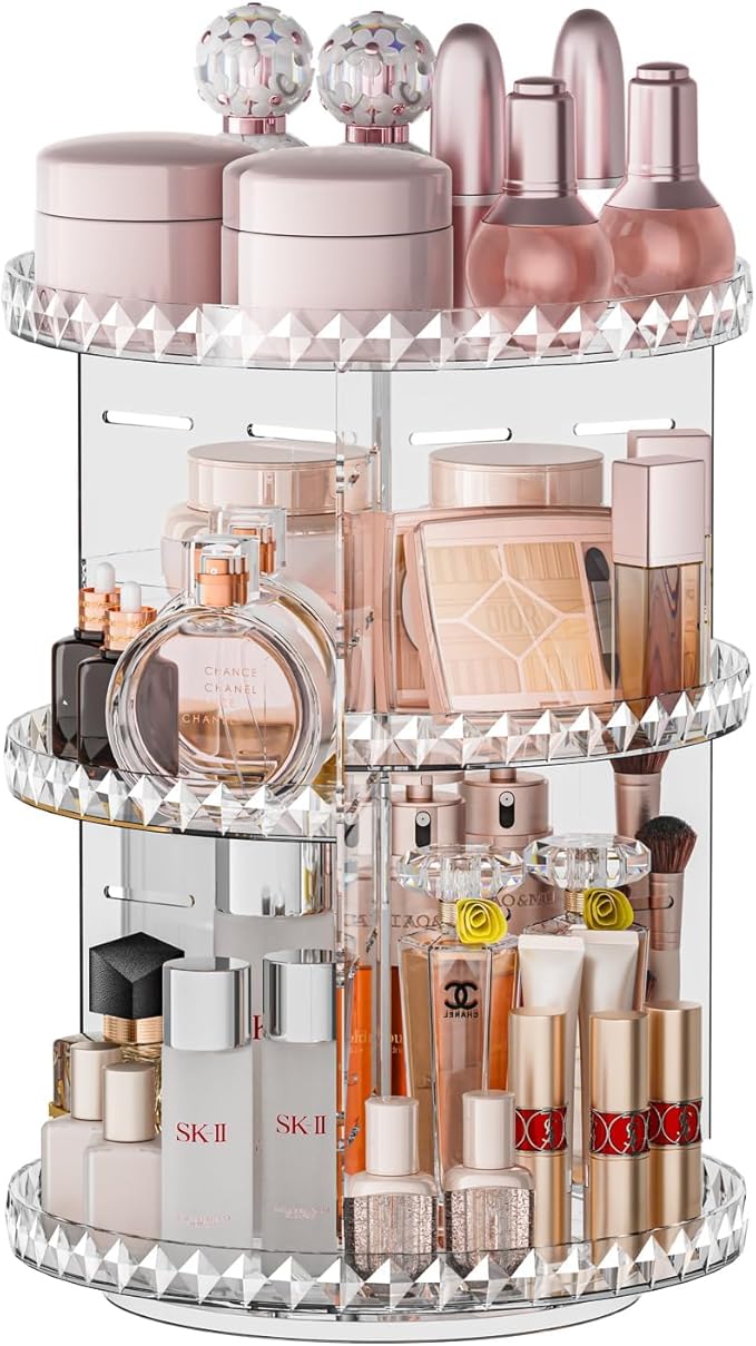 360° Rotating Makeup Organizer, Diamond Pattern DIY 5 Adjustable Layers Skincare Clear Cosmetics Organizer for Vanity Countertop with Perfume Tray