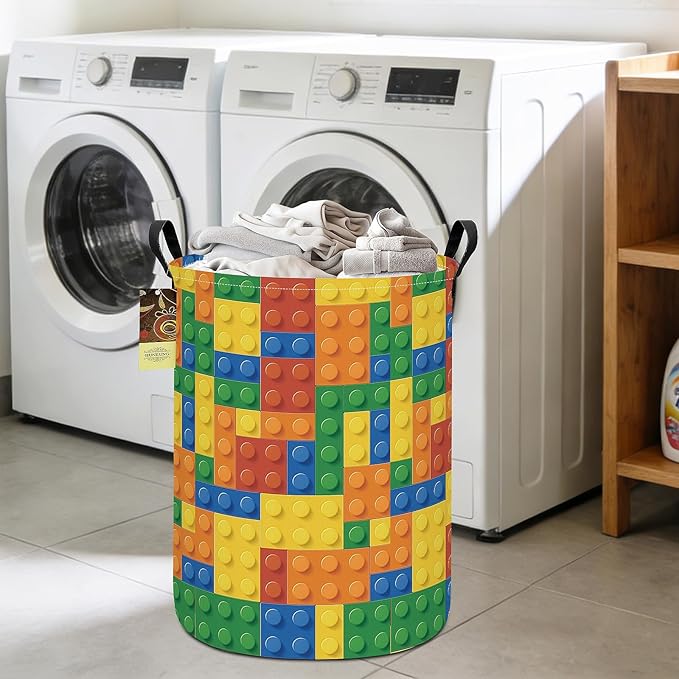 HUNRUNG Laundry Hamper,Large Canvas Fabric Lightweight Storage Basket Toy Organizer Dirty Clothes Collapsible Waterproof for College Dorms???Round-Colorful Blocks???