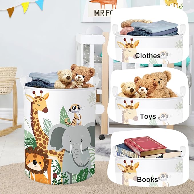 Tropical Animals Baby Laundry Hamper Collapsible Clothes Kid Storage Basket Giraffe Elephant Large Boys Girls Gift Toy Box Bin for Nursery, Lion, 63L