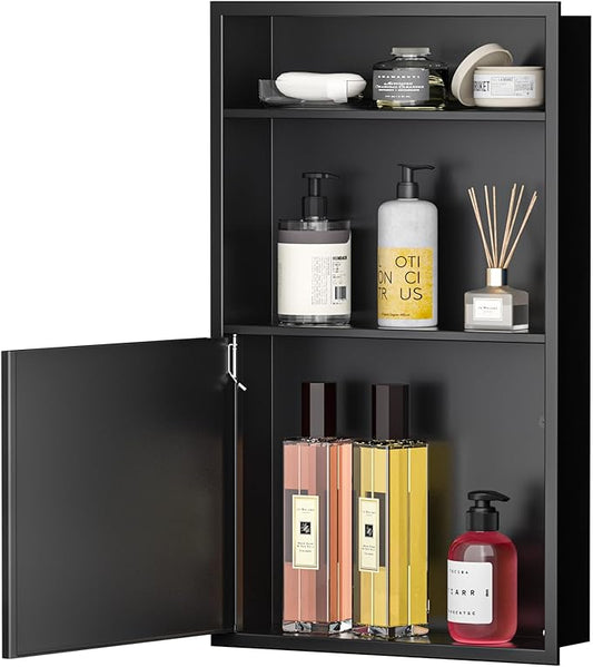 Recessed Medicine Cabinet with Door 24" X 14" Matte Black Wall Medicine Cabinets with 3-Tier Shelf 304 Stainless Steel Niche Shower for Bathroom Storage