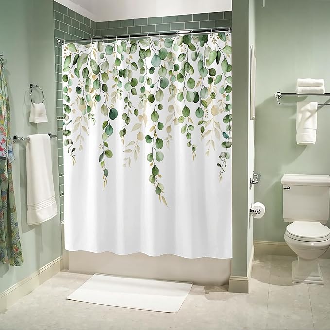 kampdream Green Eucalyptus Leaves Shower Curtain, Watercolor Plant On The Top Shower Curtain, Sage Green Spring Botanical Bathroom Curtain 72 ×72 Inch