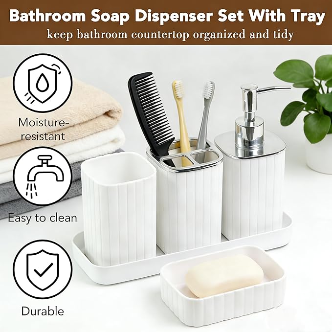 Bathroom Accessories Set 5pcs- Bathroom Set, Plastic Bathroom Accessory Sets with Lotion Soap Dispenser, Soap Dish, Toothbrush Holder, Toothbrush Cup, Vanity Tray, Boho, Modern Bathroom Decor, White