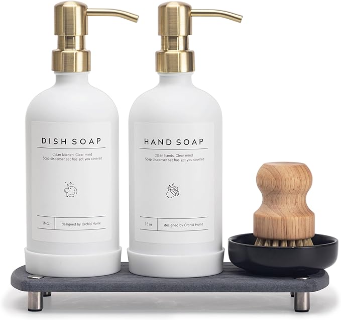 [Luxury] Kitchen Soap Dispenser Set - 16OZ White Glass Bottle, Stainless Steel Pump, Instant Dry Tray, Waterproof Labels, Non-Slip Silicone Pad, and Dish Brush | Upgrade for Your Kitchen and Bathroom