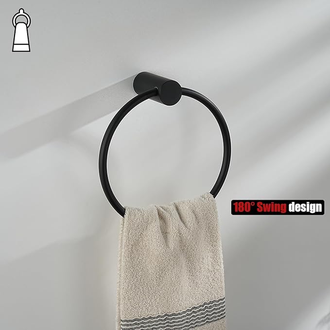 JQK Black Towel Ring, 304 Stainless Steel Matte Black Hand Towel Holder for Bathroom, Wall Mount, TR630-PB