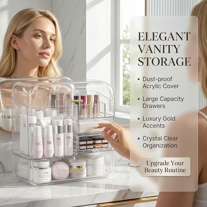 Luxury Makeup Organizer with 3 Drawers & Dustproof Flip Lid, Large Capacity Cosmetic Display Case for Vanity, Clear Countertop Skincare Storage with 6 Lipstick Slots