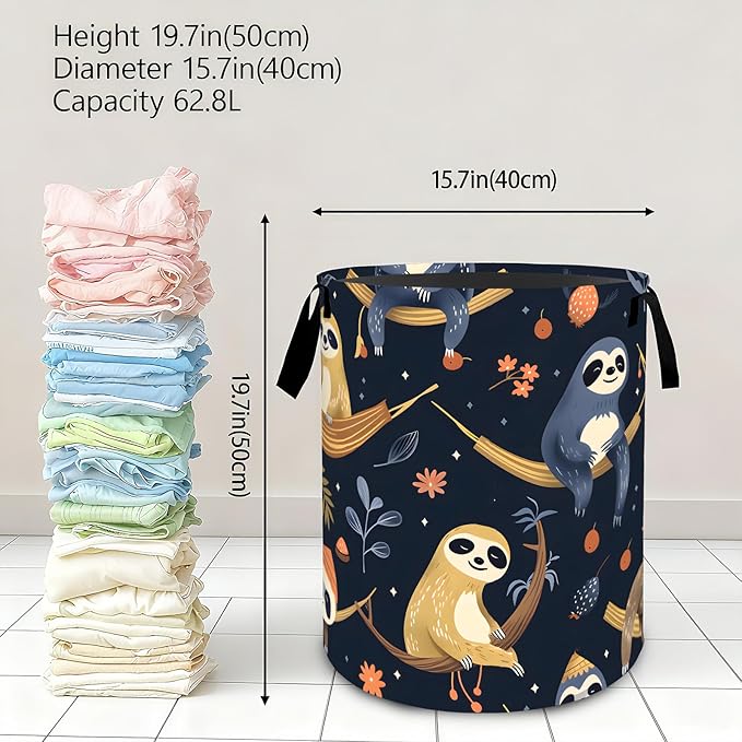Cute Sloth Laundry Basket,Dirty Clothes Hamper,Animal Hammock and Starry Night Forest Storage Bin Gifts,Waterproof Oxford Cloth Baskets for Bathroom,Bedroom,Home Decoration(19.7" x 15.8")