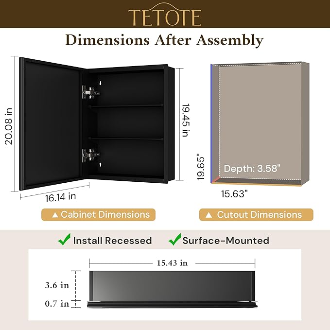 TETOTE 16 x 20 Medicine Cabinet with Tempered Beveled Mirror Black Bathroom Mirror with Storage Aluminum Cabinet DTC Hinges, Stepless Adjustable Shelves, Recessed/Surface-Mounted