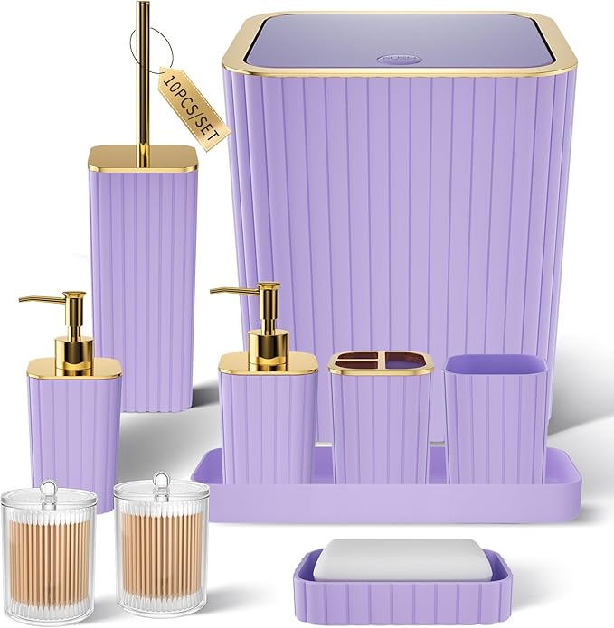 XLHOMO Bathroom Accessories Set - Gorgeous Bathroom Set, 10PC Purple Bathroom Accessory Set, Toilet Brush, Trash Can & Soap Dispenser