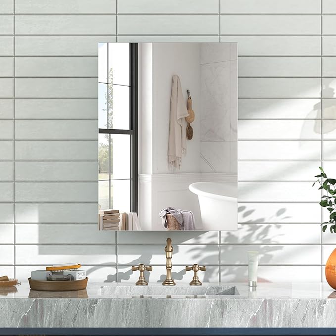 18x14 Inch Bathroom Medicine Cabinet with Mirror, Pre-Assembled Bathroom Medicine Cabinets, Surface/Recessed Wall Mounted Farmhouse Large Medicine Cabinet, Sliver