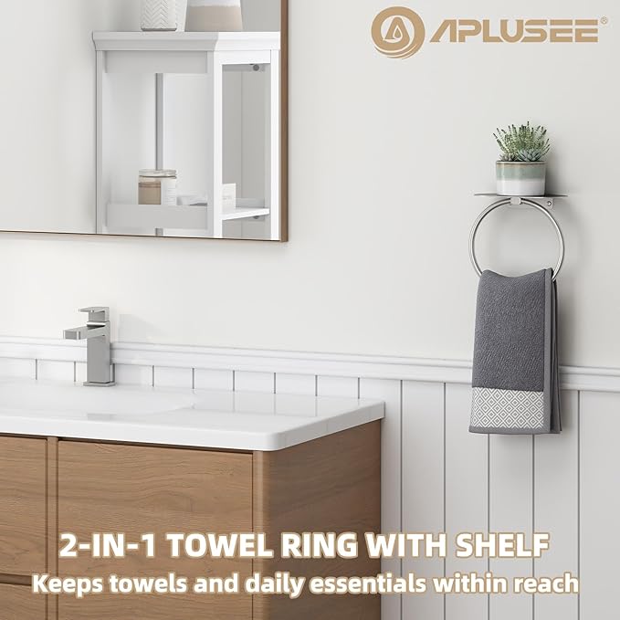 APLusee Towel Ring with Shelf Brushed Nickel, 304 Stainless Steel Rustproof Wall Mounted Holder, Space-Saving Storage for Hand Towels & Bathroom Essentials