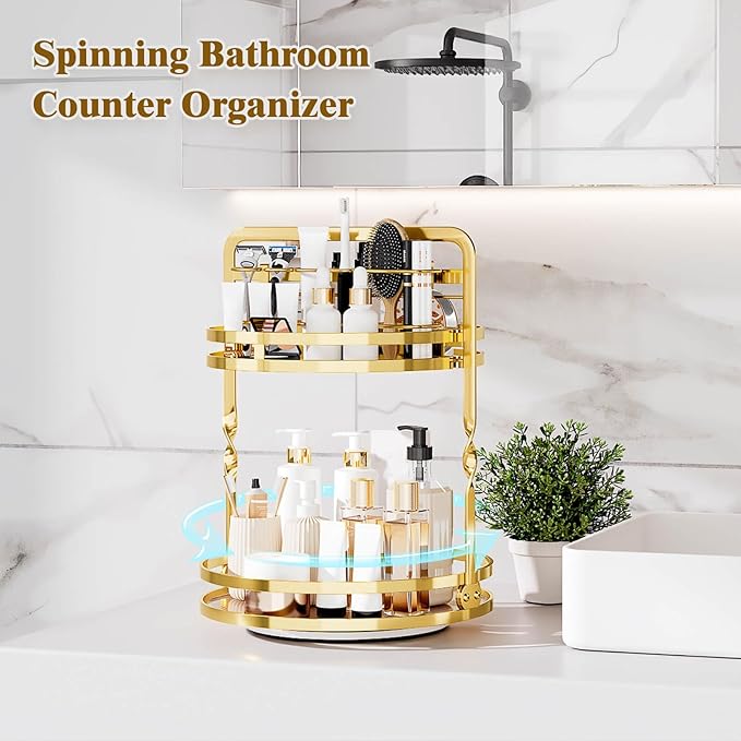360 Rotating Makeup Organizer Vanity, Gold Perfume Organizer for Dresser, 2 Tier Bathroom Organizer Countertop,Spinning Cosmetic Display Lazy Susan for Women,Skincare Storage with Brush Holder