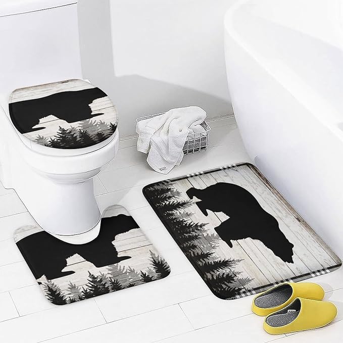 Retro Black Bear 4 Piece Shower Curtain Sets, Non-Slip Rugs, Toilet Lid Cover and Bath Mat, Durable and Waterproof, for Bathroom Decor Set One Size