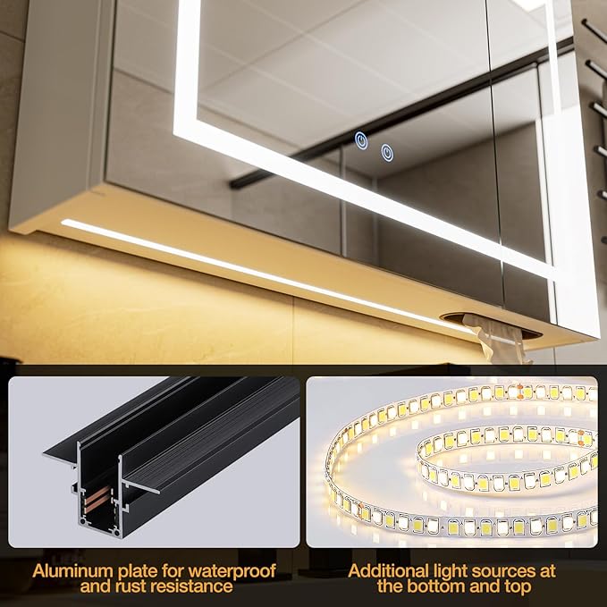 LED Lighted Bathroom Medicine Mirror Cabinet with 3-Color LED Lights, Anti-Fog, Dimmable, Wall Mount, 3-Adjustable Shelves, Wall Mounted Bathroom Mirror with Storage (24‘’×32‘’)