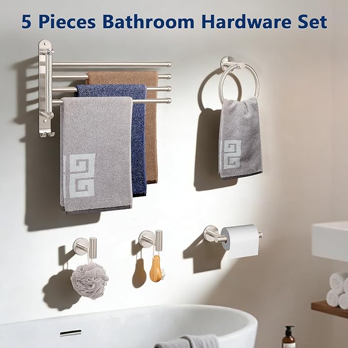 NearMoon 5 Pieces Bath Hardware Set, Include Swivel Towel Rack, Hand Towel Ring, Toilet Paper Holder and 2 Robe Towel Hooks, Stainless Steel Bathroom Accessories Wall Mounted (Brushed Nickel)