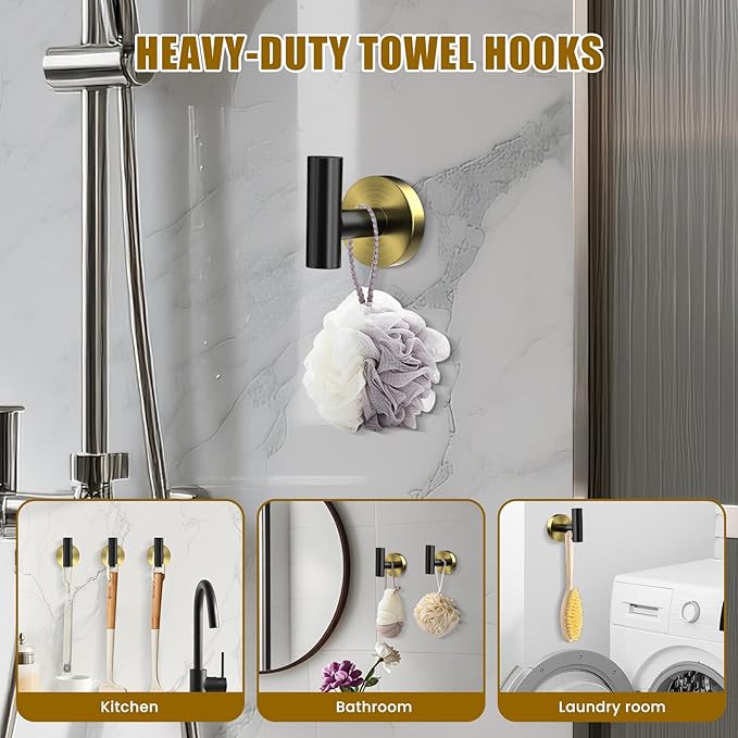 5 Pcs SUS304 Stainless Steel Bathroom Accessories Set, 24" Towel Bar, Round Towel Ring, Toilet Paper Holder, 2 Towel Hooks, Minimalist Design for All Styles Bathrooms (Black+Gold)