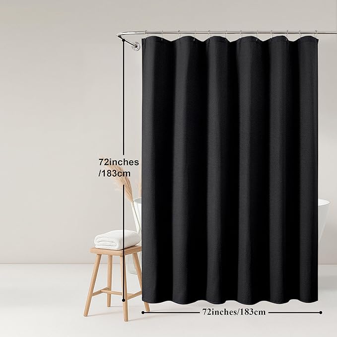 OWENIE Black Shower Curtain, Waffle Weave Heavy Fabric Shower Curtain for Bathroom, Waterproof Thick Textured 420G/M Soft Elegant Luxury Hotel Spa Bath Curtains, Machine Washable, Black, 72W x 72L