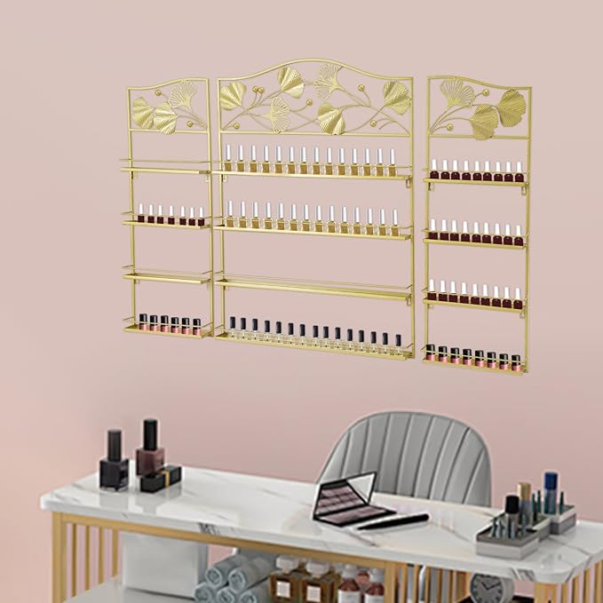 3Pcs Wall-Mounted Nail Polish Racks, 4-Tier Metal Makeup Display Wall Shelf Storage Organizer for Cosmetic Perfume Lipstick Home Spa Nail Salon (Gold)