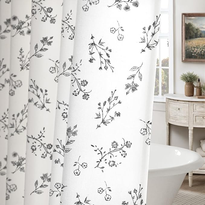 Black Floral Farmhouse Vintage Cotton Shower Curtain, French Country Shower Curtains for Bathroom, 72Wx72H