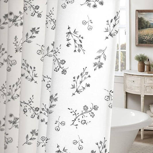Black Floral Farmhouse Vintage Cotton Shower Curtain, French Country Shower Curtains for Bathroom, 72Wx72H