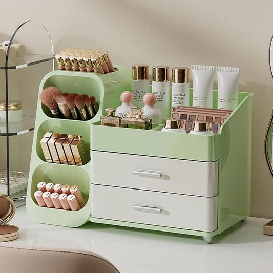 Makeup Organizer for Vanity, Large Capacity Cosmetic Display Case with Drawers, Countertop Beauty Storage Holder for Skincare, Brush Eyeliner Eyeshadow Lipsticks, Counter Desk, Cream Green